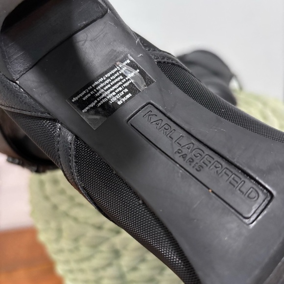 KARL LAGERFELD PARIS Blayze Black Mesh Beaded Heel Peep Toe Lug Sole Booties - Picture 9 of 10